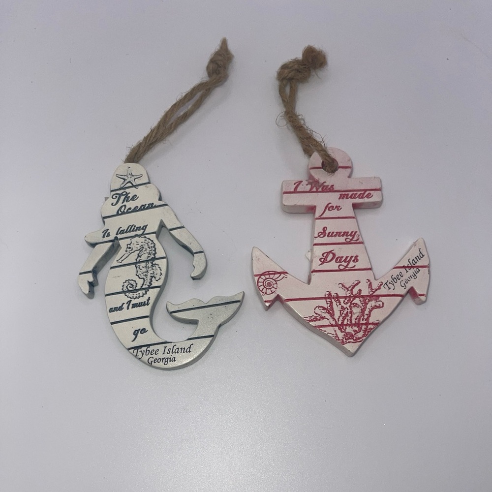 SET OF 2 TYBEE ISLAND GA MERMAID AND ANCHOR ORNAMENTS